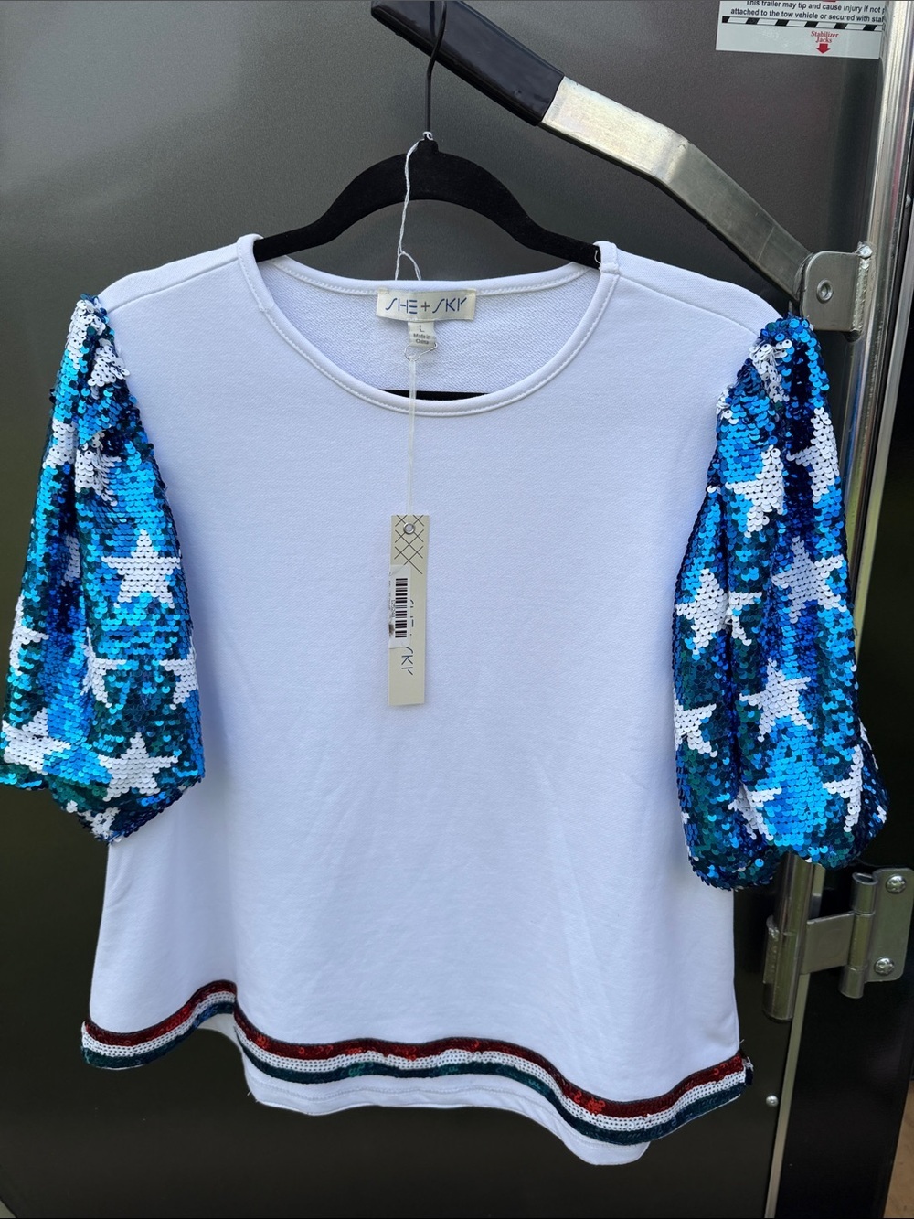 She + Sky red white blue sequin July 4th NEW top blouse large